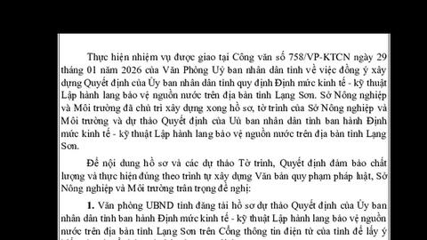 Về việc đăng tải và xin ý kiến góp ý hồ sơ dự thảo Quyết định của UBND tỉnh ban hành Định mức kinh tế - kỹ thuật Lập hành lang bảo vệ nguồn nước trên địa bàn tỉnh Lạng Sơn