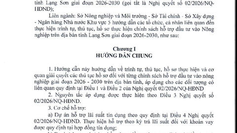 Hướng dẫn liên ngành Về trình tự, thủ tục, hồ sơ thực hiện một số chính sách hỗ trợ đầu tư vào Nông nghiệp trên địa bàn tỉnh Lạng Sơn giai đoạn 2026-2030